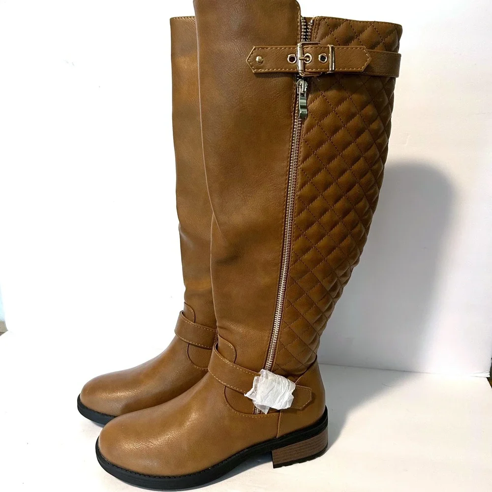 New Dream Pairs Riding Boots Womens 7 Brown Quilted Buckle Knee High Boots